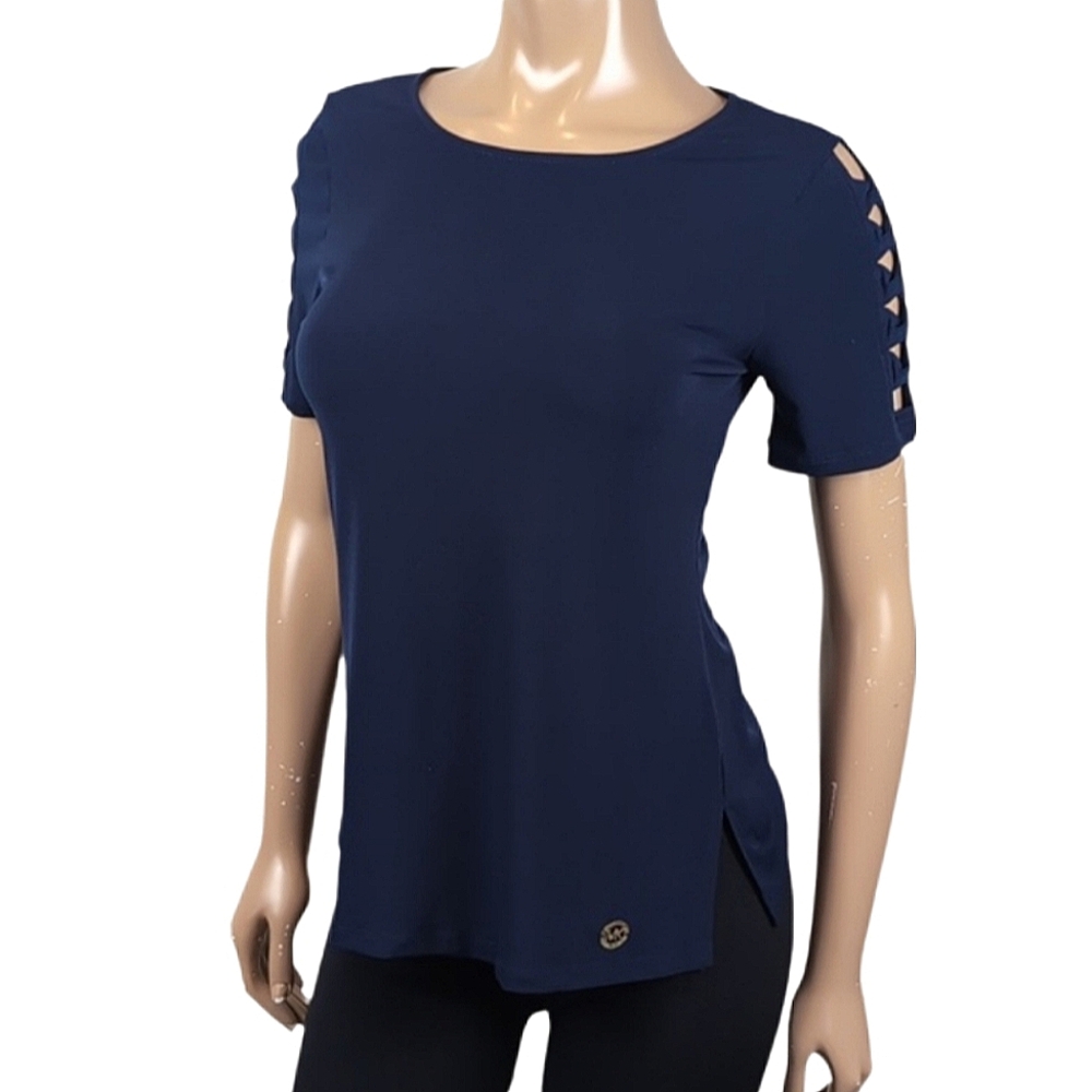 Michael Kors Navy Tunic Top Cut Out Short Sleeve Cold Shoulder Gold Logo Size XS